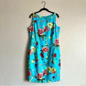 90’s vintage Jones New York bright blue floral print linen shift dress